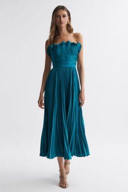 Reiss Giada Amur Strapless Pleated Midi Dress Lagoon Blue