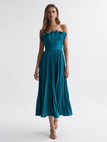 Reiss Giada Amur Strapless Pleated Midi Dress Lagoon Blue