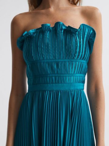 Reiss Giada Amur Strapless Pleated Midi Dress Lagoon Blue