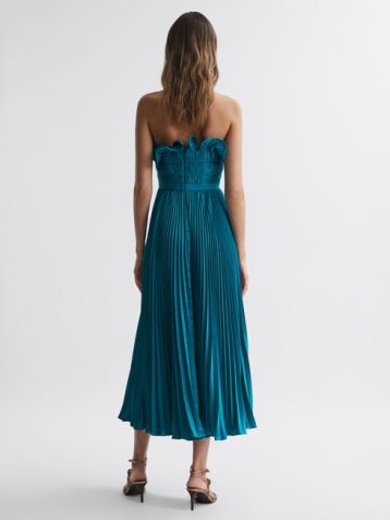 Reiss Giada Amur Strapless Pleated Midi Dress Lagoon Blue