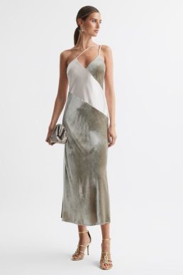 Reiss Keeley Silk-Velvet Asymmetric Strap Midi Dress Silver