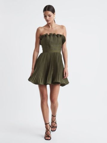 Reiss Lorena Amur Strapless Pleated Mini Dress Olive Green