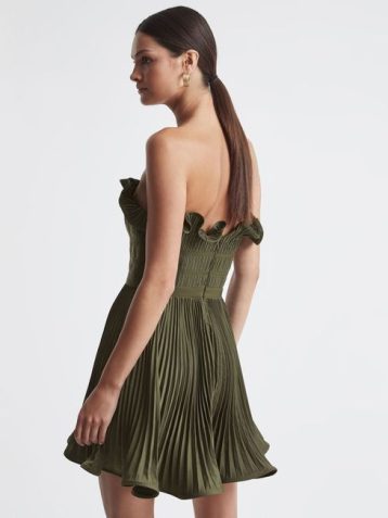 Reiss Lorena Amur Strapless Pleated Mini Dress Olive Green