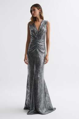 Reiss Loretta Halston Sequin Ruched Maxi Dress Silver