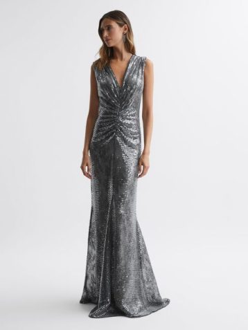 Reiss Loretta Halston Sequin Ruched Maxi Dress Silver