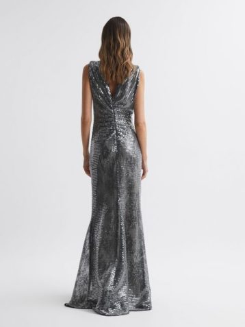 Reiss Loretta Halston Sequin Ruched Maxi Dress Silver