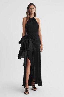 Reiss Luna Satin Bow Halterneck Maxi Dress Black