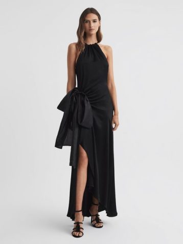 Reiss Luna Satin Bow Halterneck Maxi Dress Black