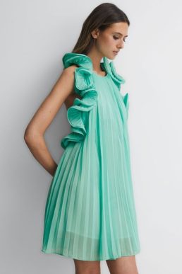 Reiss Mimi Amur Halter Neck Frill Mini Dress Miami Sky Green