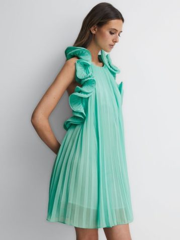 Reiss Mimi Amur Halter Neck Frill Mini Dress Miami Sky Green