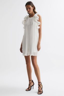 Reiss Mimi Amur Halter Neck Frill Mini Dress Off White