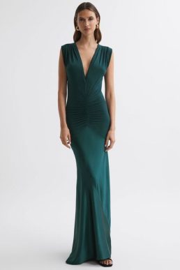 Reiss Noa Plunge V-Neck Sleeveless Maxi Dress Teal