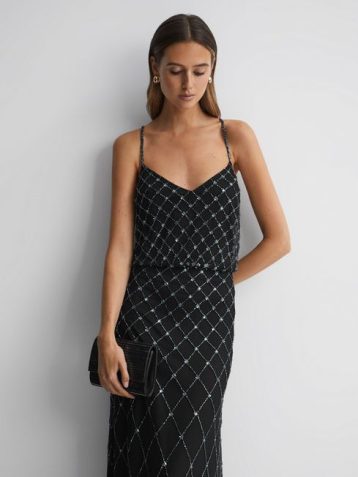 Reiss Raishma Embellished Cross-Strap Maxi Dress Black gunmetal