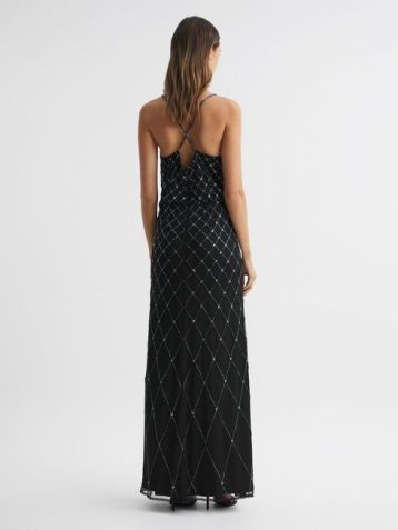 Reiss Raishma Embellished Cross-Strap Maxi Dress Black gunmetal