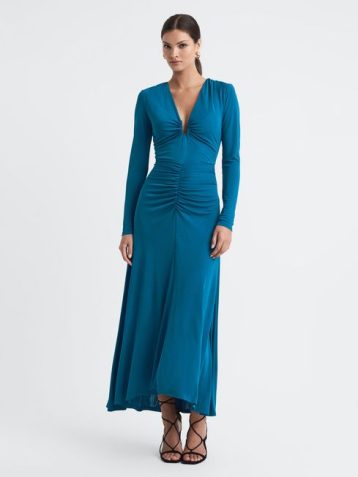 Reiss Remy Plunge Neck Ruche Midi Dress Teal Blue