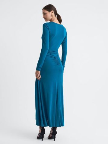 Reiss Remy Plunge Neck Ruche Midi Dress Teal Blue