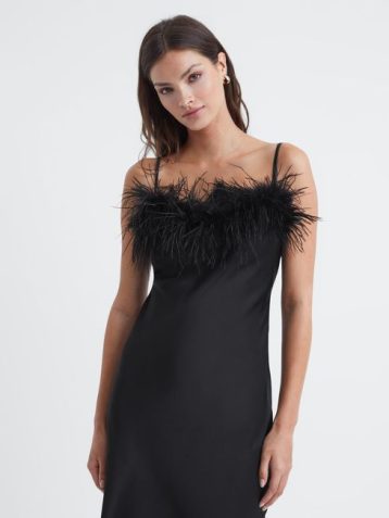 Reiss Sleeper Feather Midi Slip Dress Black