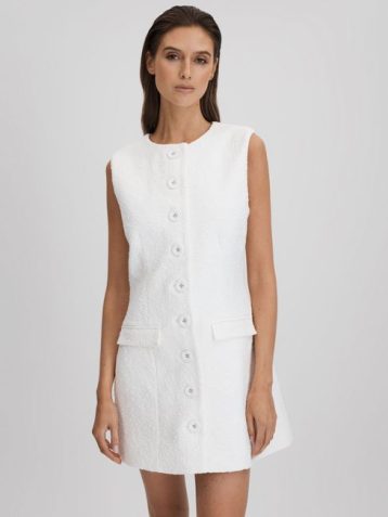 Reiss Sofia Anna Quan Boucle Button-Through Mini Dress White