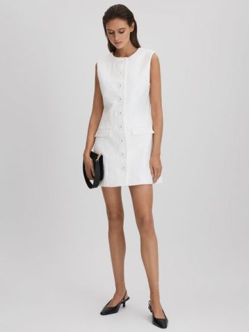 Reiss Sofia Anna Quan Boucle Button-Through Mini Dress White