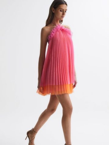 Reiss Tate Amur Halter Neck Pleated Mini Dress pink Orange Punch