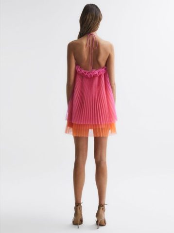 Reiss Tate Amur Halter Neck Pleated Mini Dress pink Orange Punch