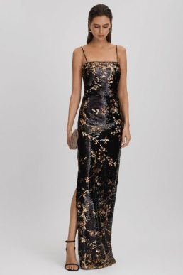 Reiss Yazmeen Halston Sequin Maxi Dress Black Multi