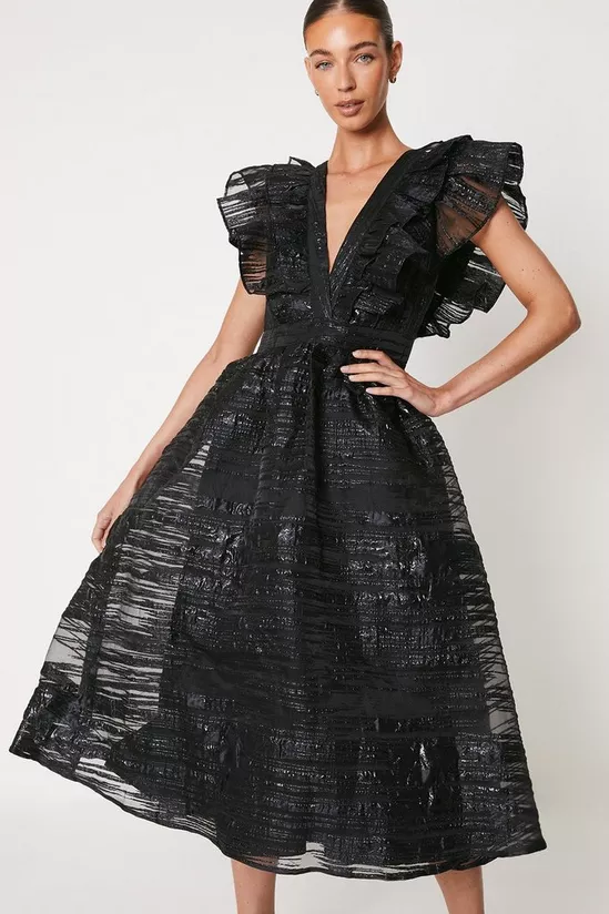 V Neck Ruffle Jacquard Midi Dress black