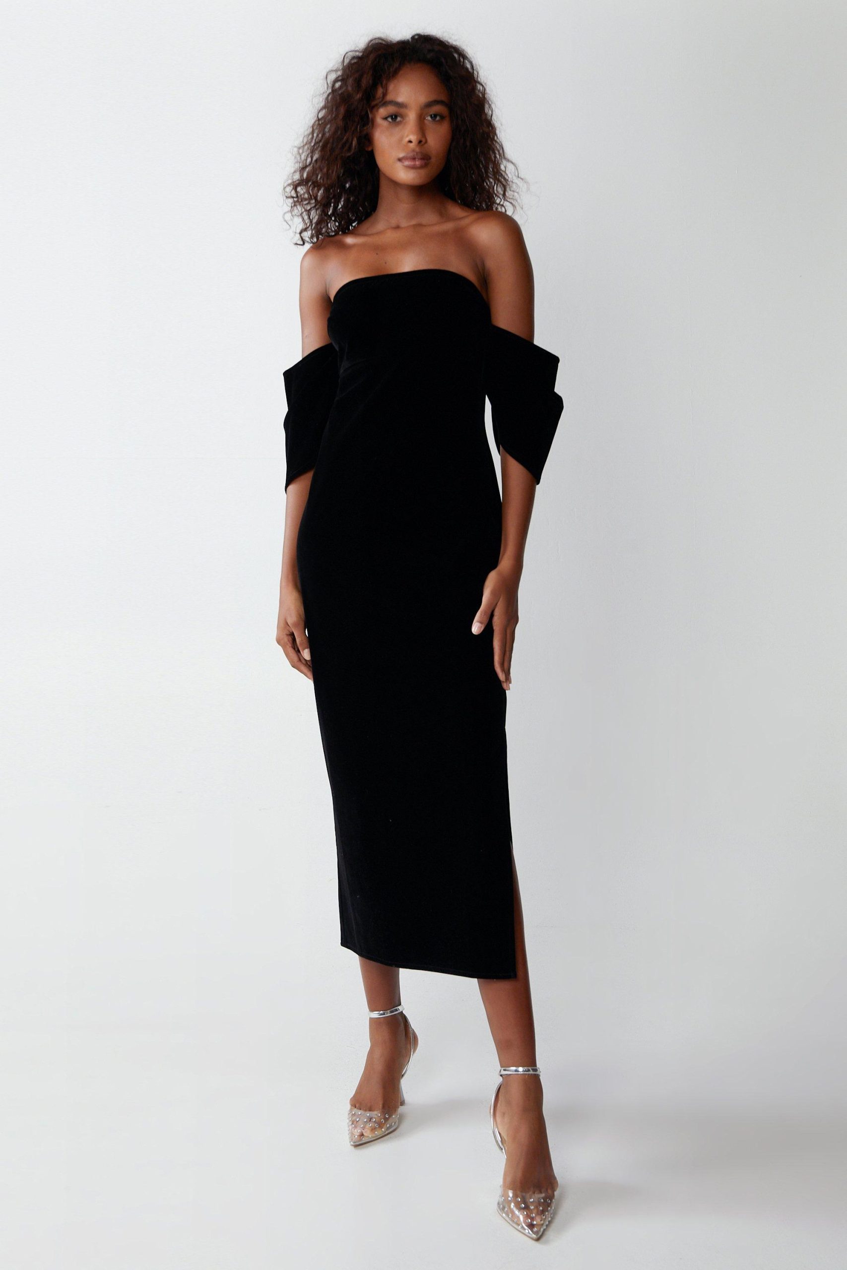 Structured Velvet Puff Sleeve Bardot Midi Dress black