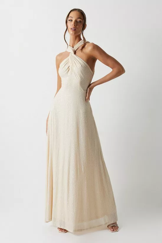 Cross Neck Sequin Bridesmaids Maxi Dress ivory