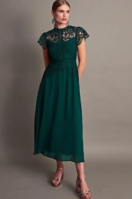 Monsoon Monica lace midi bridesmaid dress green