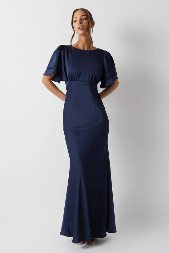 Satin Back Crepe Double Sleeve Bridesmaids Dress