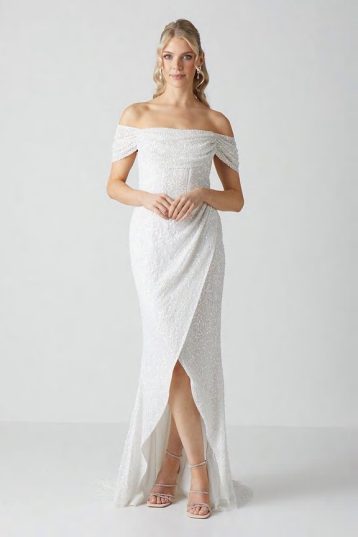 Coast Draped Bardot Cap Sleeve Wrap Skirt Wedding Dress Ivory