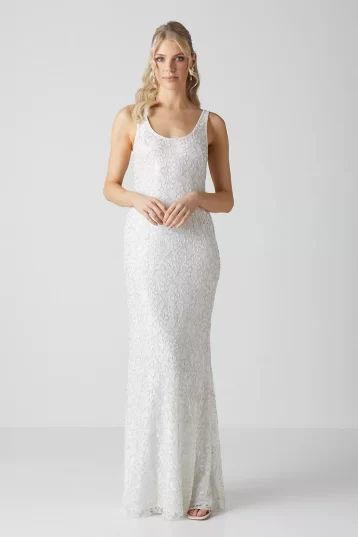 Embellished Lace Column Maxi Wedding Dress