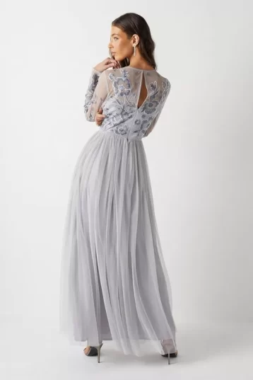 Floral Embroidered Bodice Long Sleeve Bridesmaids Maxi Dress