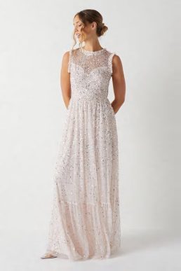 Coast Frill Shoulder All Over Sequin Bridesmaids Maxi Dress blush