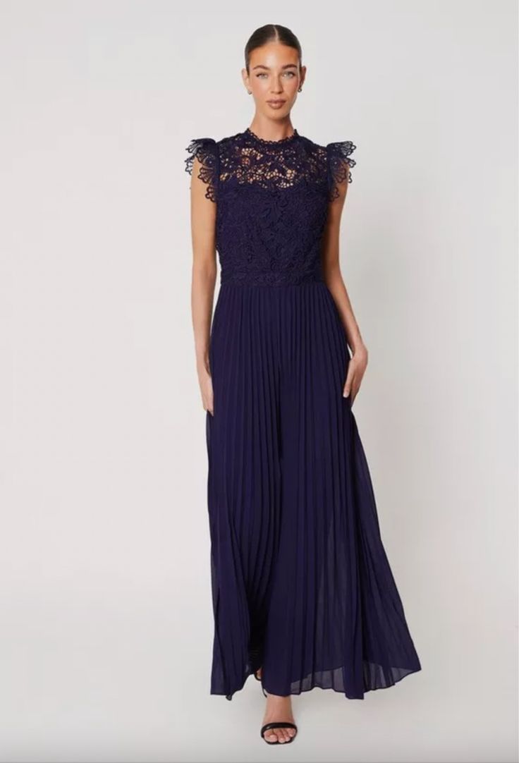 Lace Top Pleated Wide Leg Jumpsuit navy