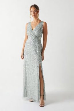 Coast Sleeveless Wrap Front All Over Sequin Bridesmaids Maxi sage