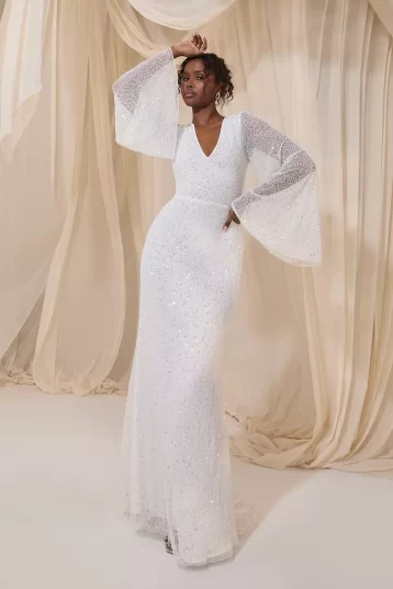 Coast V Neck All Over Embellished Flare Sleeve Wedding Dress