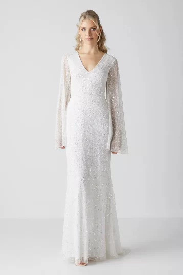 Coast V Neck All Over Embellished Flare Sleeve Wedding Dress