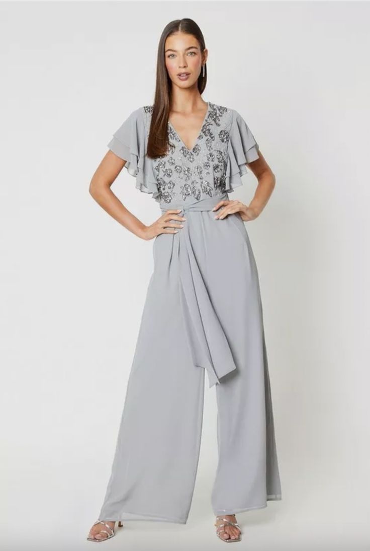 Embellished Bodice Tie Waist Jumpsuit grey