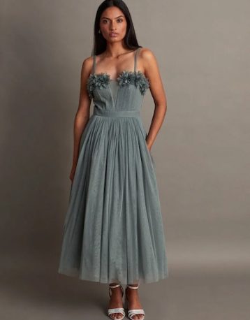 Monsoon Amber corsage midi bridesmaid dress sage green