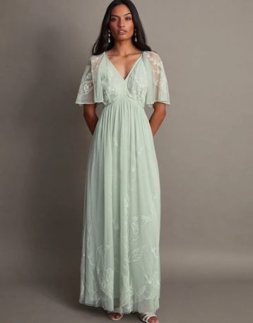 Monsoon Kacia embroidered maxi bridesmaid dress sage green