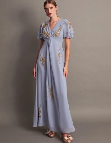 Monsoon Kendra embellished maxi bridesmaid dress light blue gold