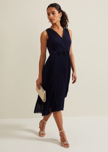 Phase Eight Petite Cressida Pleat Midi Dress Navy Blue