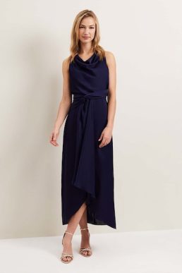 Phase Eight Daliah High Neck Satin Midi Dress Navy Blue