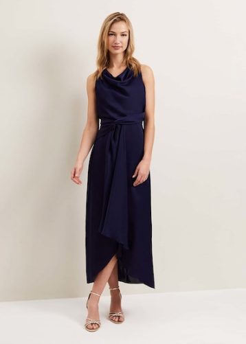 Phase Eight Daliah High Neck Satin Midi Dress Navy Blue