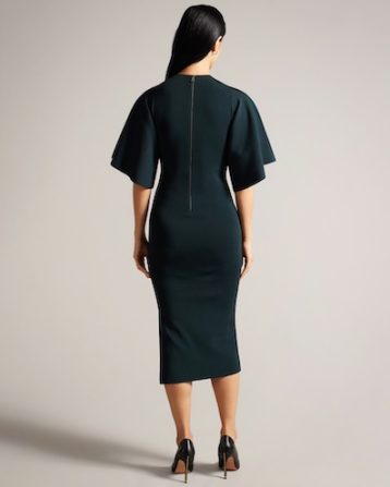 Ted Baker Fluted Sleeve Knitted Bodycon Midi Dress Dark Green