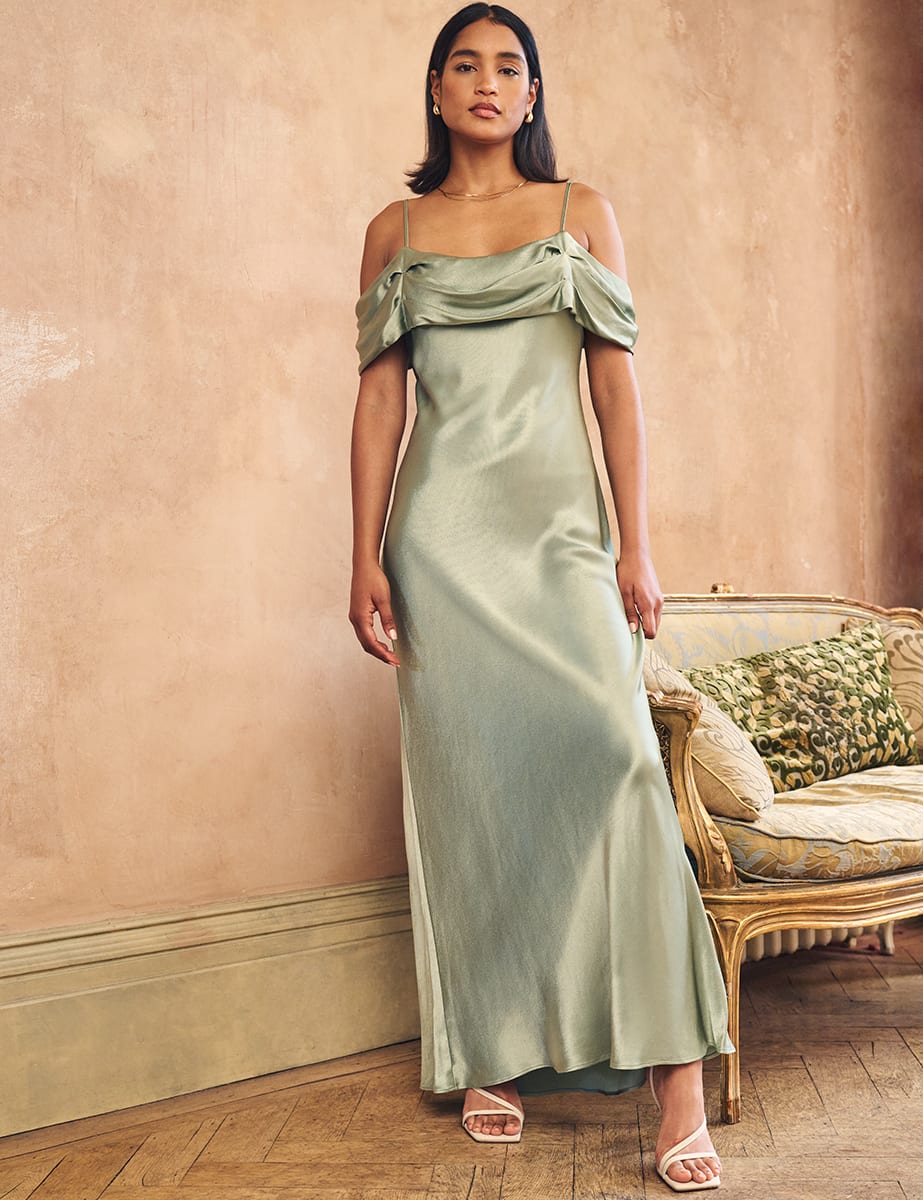 Sage Green Satin Bardot Gaia Bridesmaid Maxi Dress