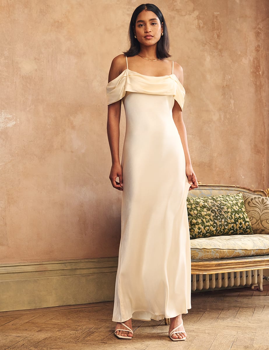 Ivory Satin Bardot Gaia Bridesmaid Maxi Dress, £110