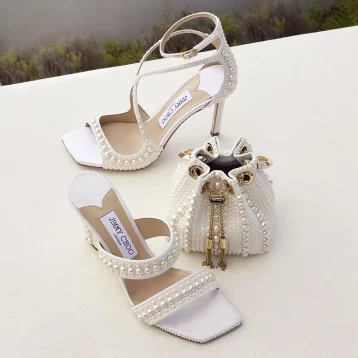 Jimmy Choo Azia 95 White Satin Sandals with All-Over Pearls